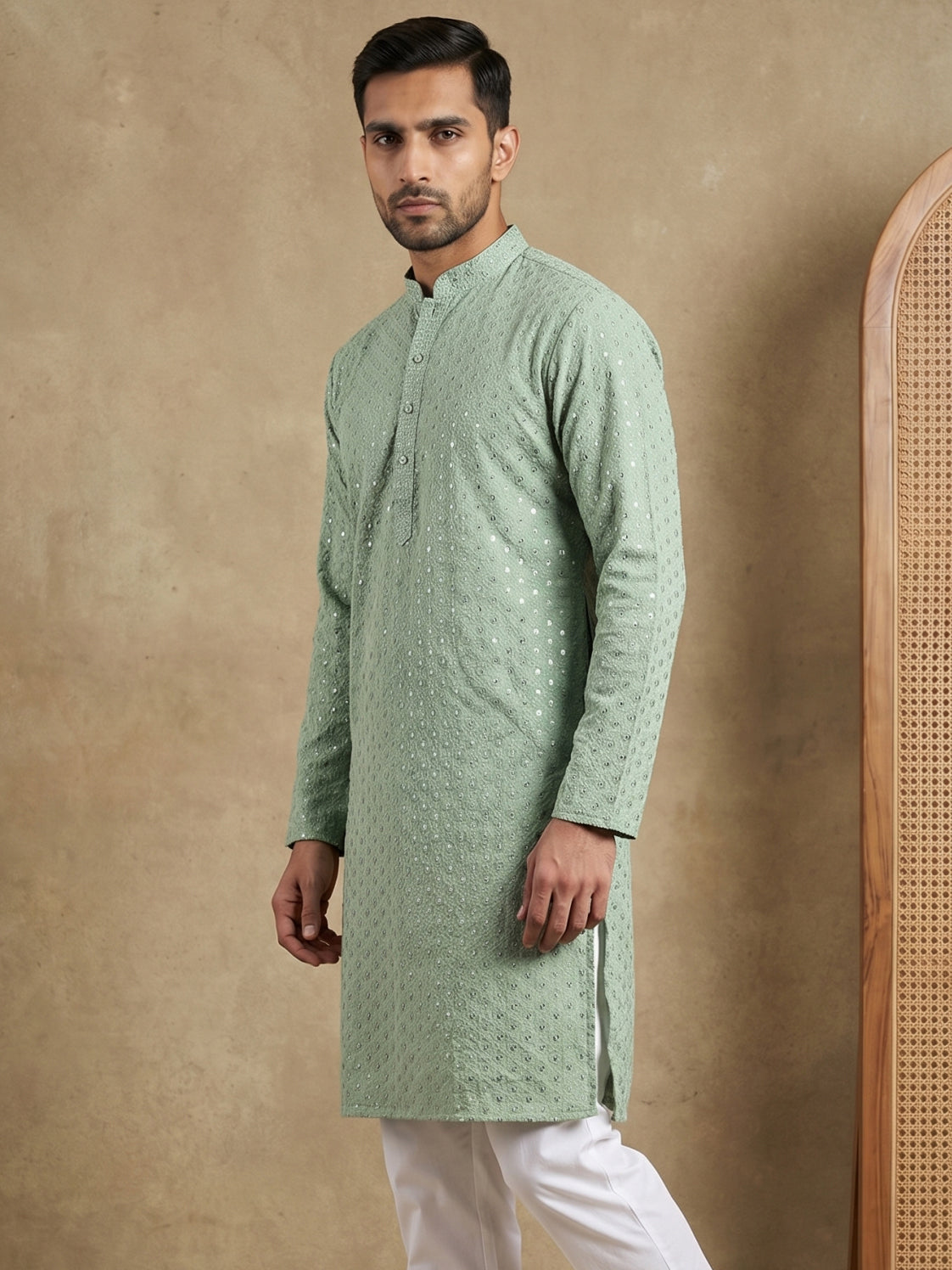 Embroidered & Sequins Cotton Kurta ( HOPKO 678Pista )