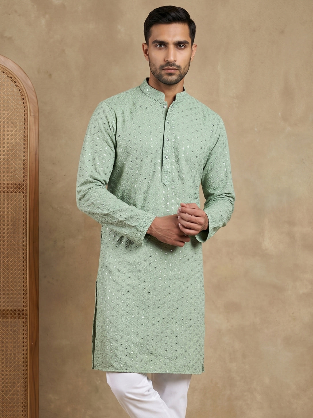 Embroidered & Sequins Cotton Kurta ( HOPKO 678Pista )