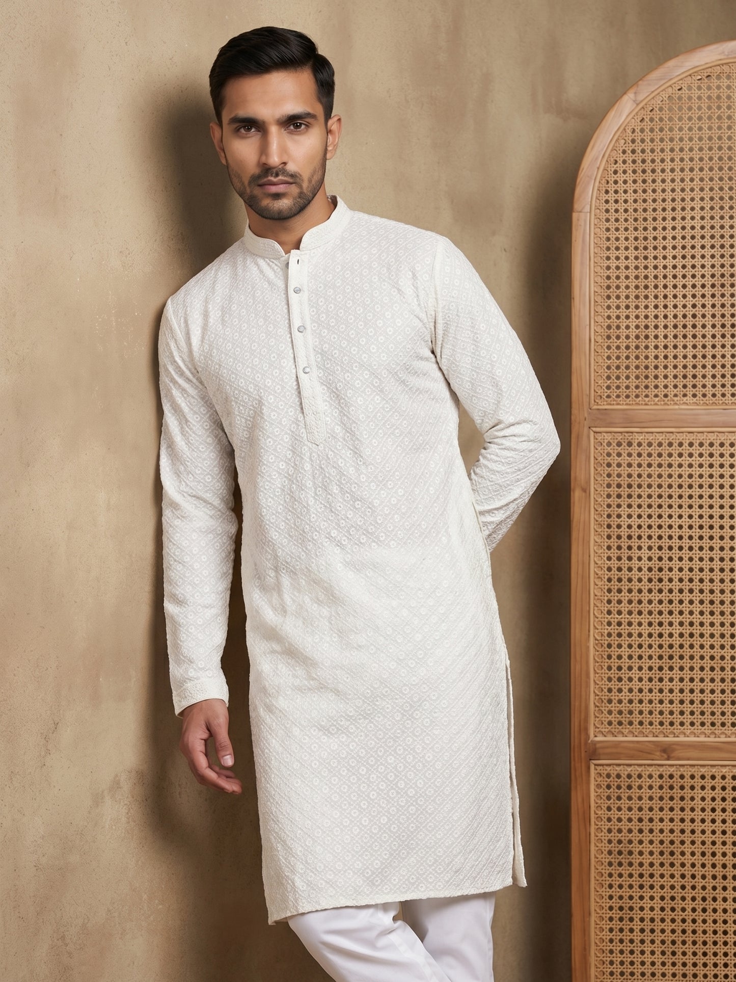 Embroidered & Sequins Cotton Kurta ( HOPKO 678White )