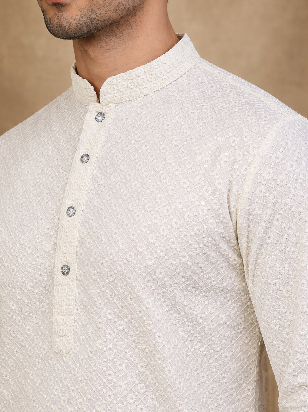 Embroidered & Sequins Cotton Kurta ( HOPKO 678White )