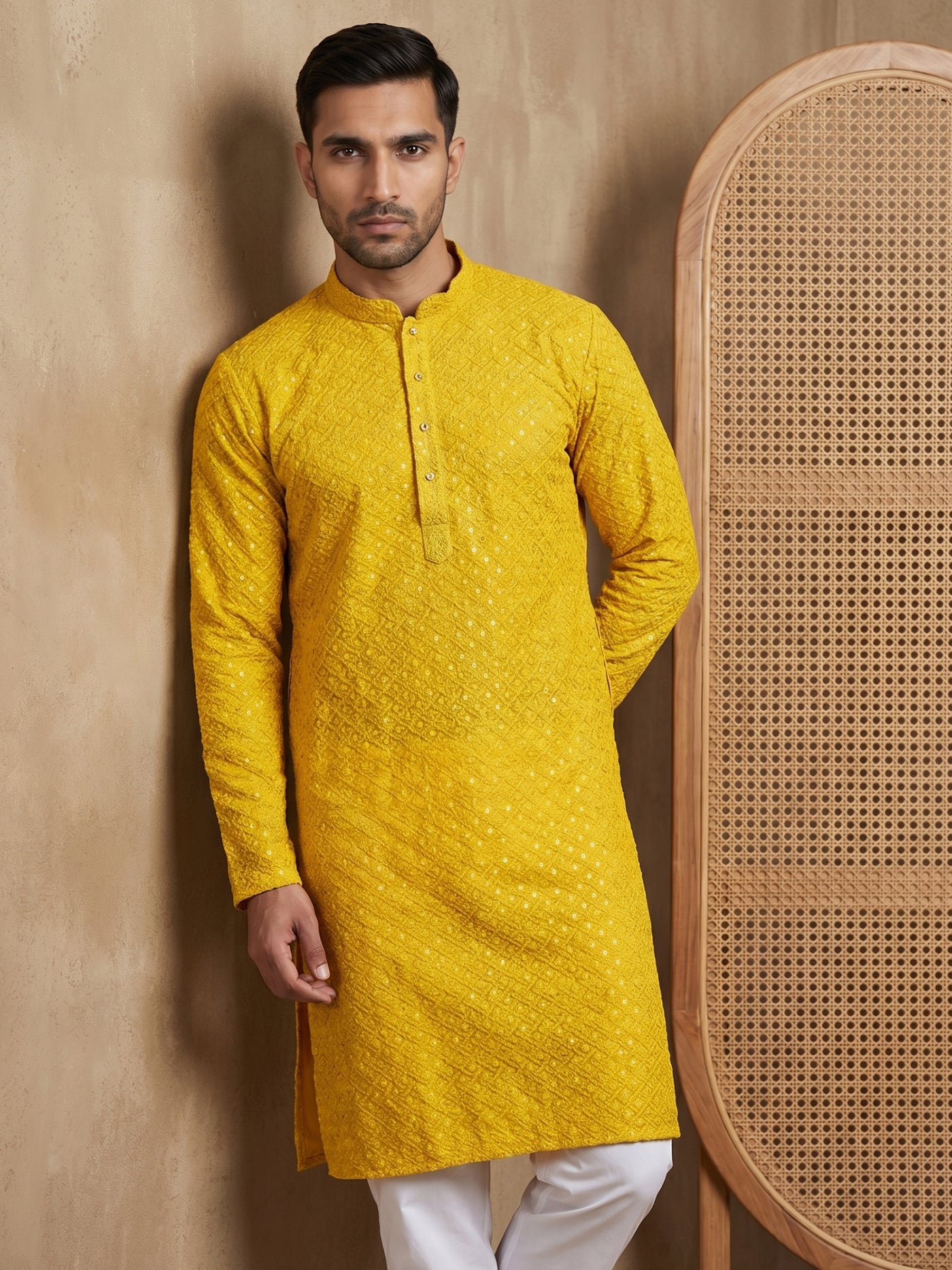 Embroidered & Sequins Cotton Kurta ( HOPKO 678Yellow )