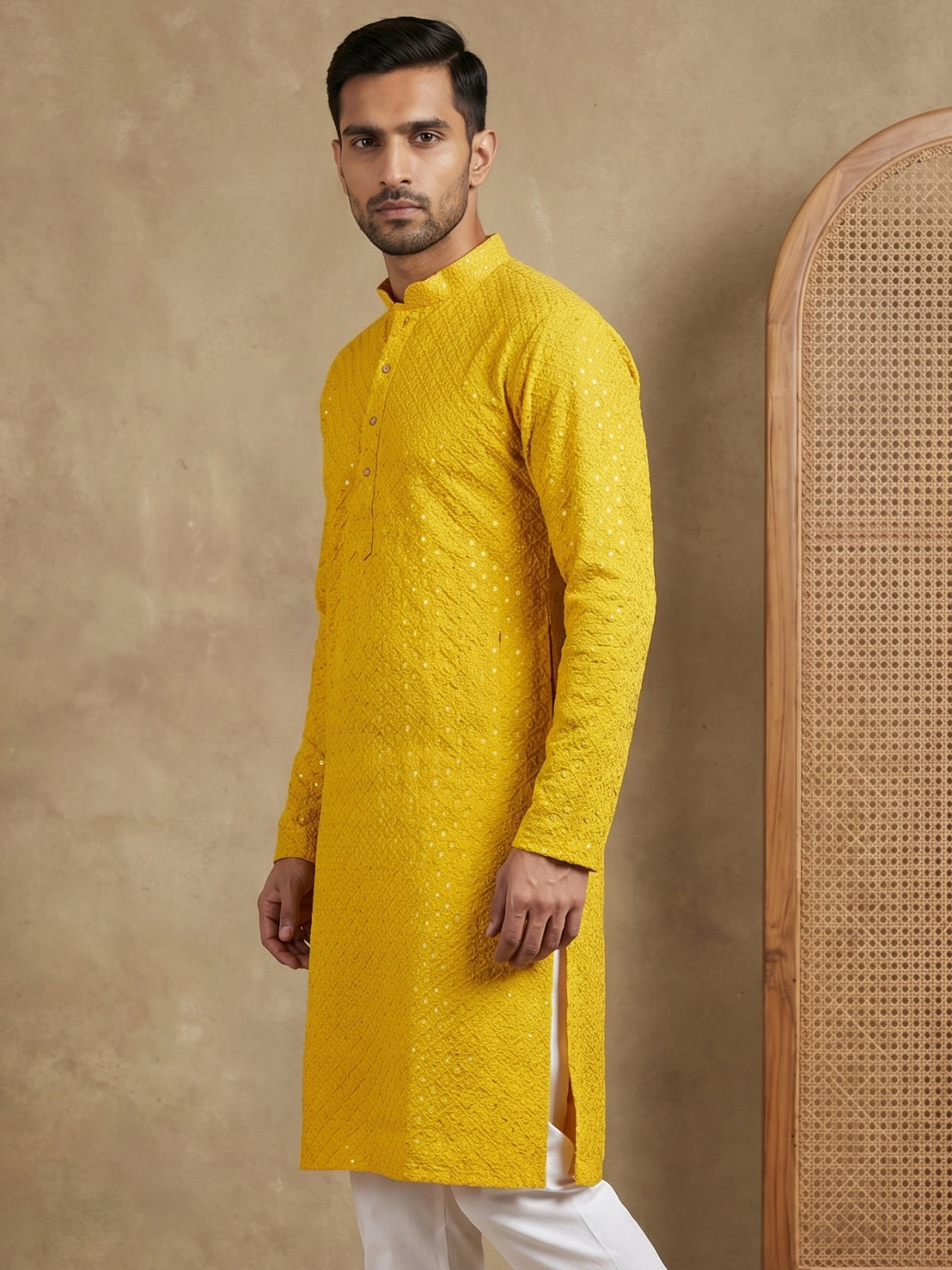 Embroidered & Sequins Cotton Kurta ( HOPKO 678Yellow )