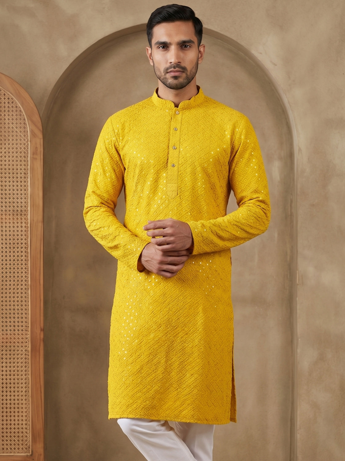 Embroidered & Sequins Cotton Kurta ( HOPKO 678Yellow )
