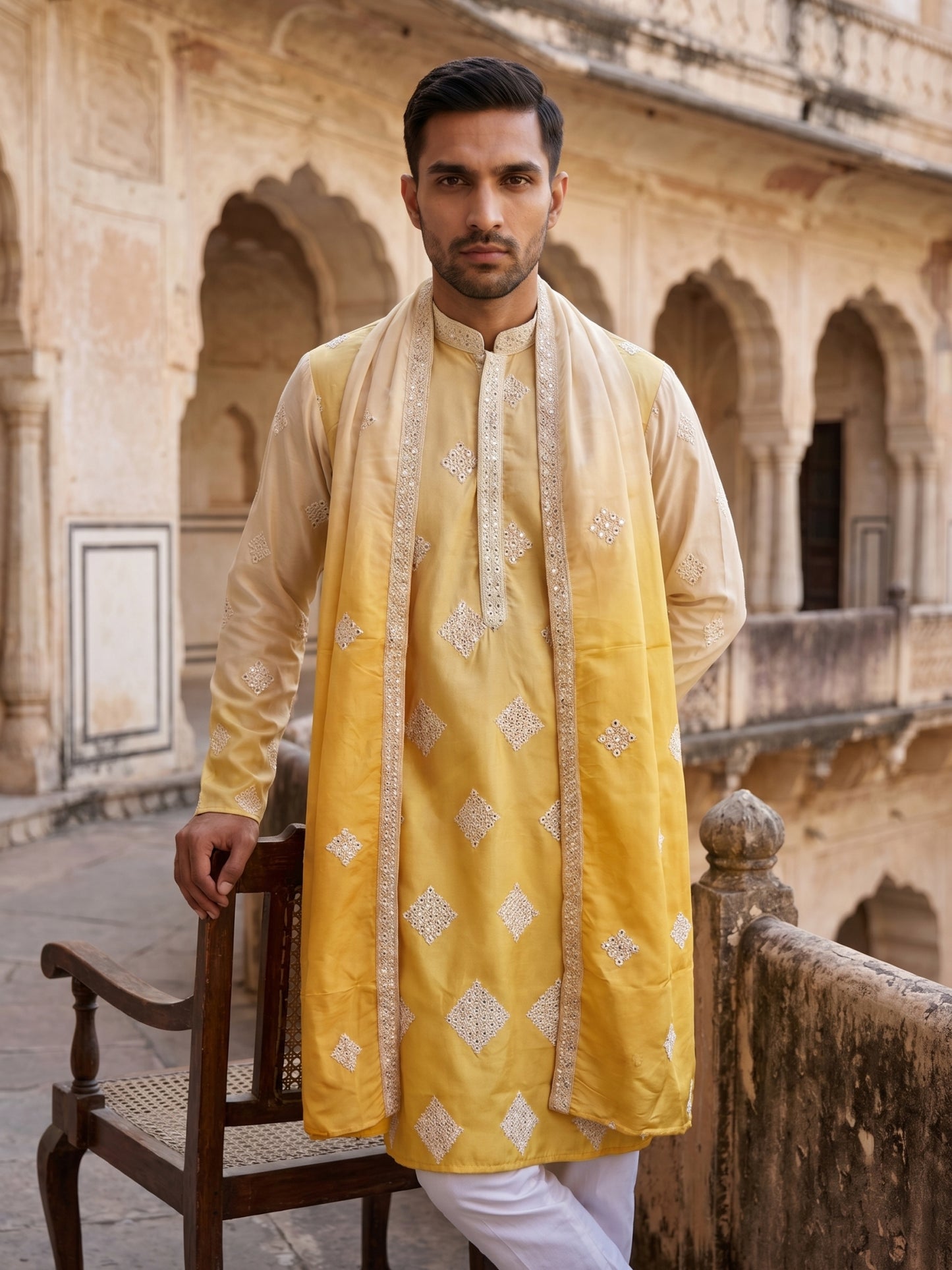 Embroidered Silk Blend Kurta with Dupatta ( HOPKO D 023Yellow )