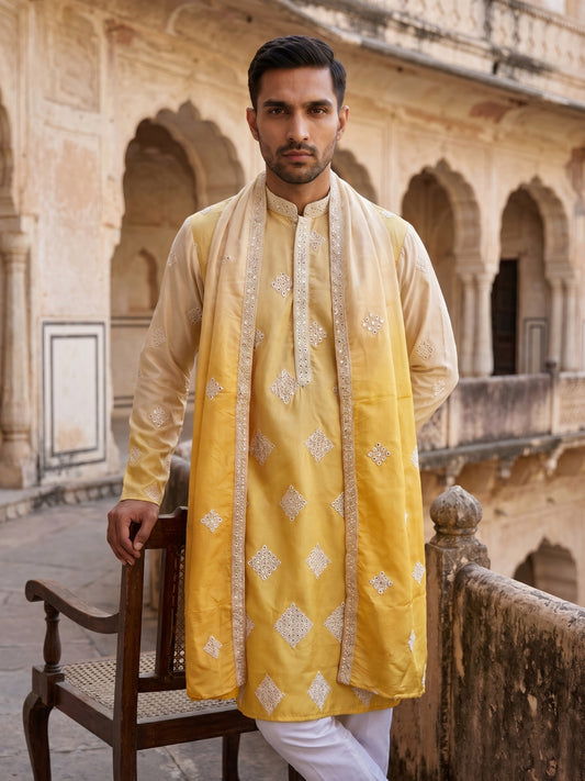 Embroidered Silk Blend Kurta with Dupatta ( HOPKO D 023Yellow )