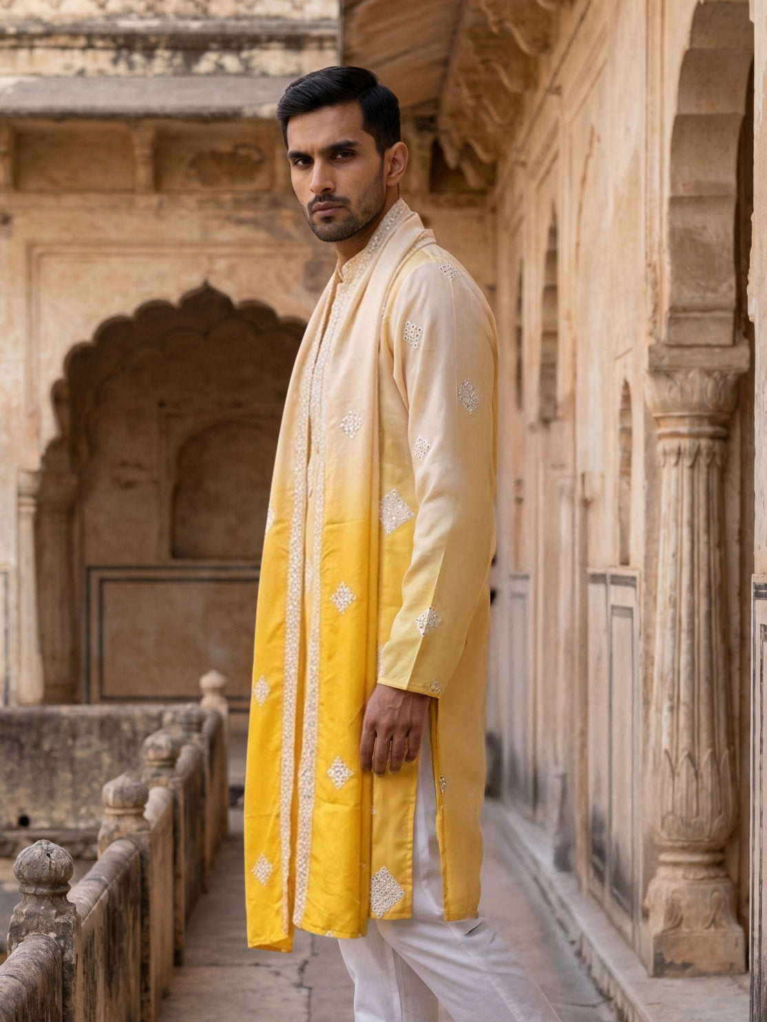 Embroidered Silk Blend Kurta with Dupatta ( HOPKO D 023Yellow )