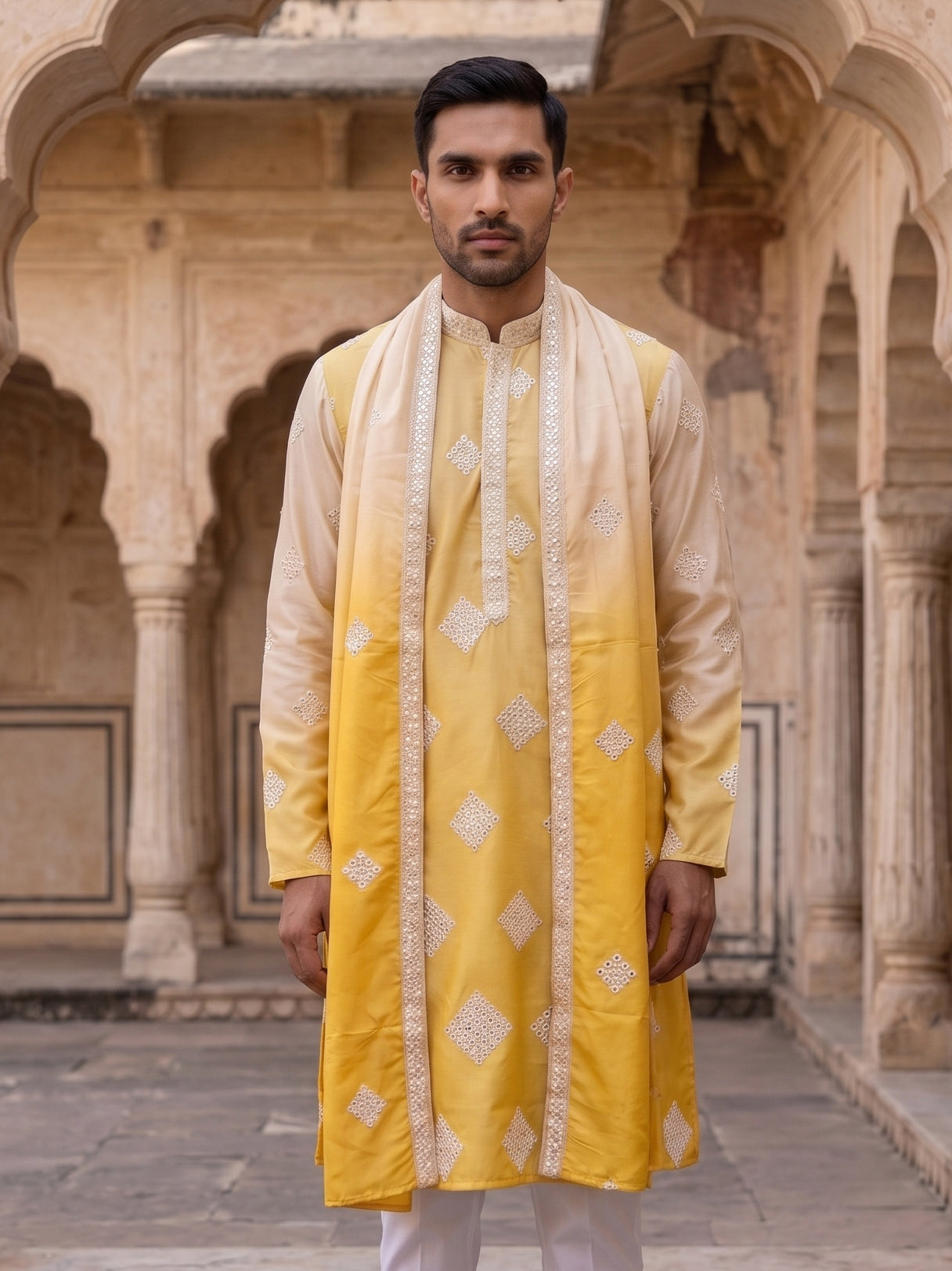 Embroidered Silk Blend Kurta with Dupatta ( HOPKO D 023Yellow )