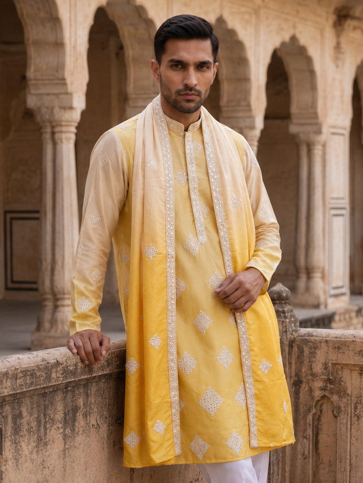 Embroidered Silk Blend Kurta with Dupatta ( HOPKO D 023Yellow )