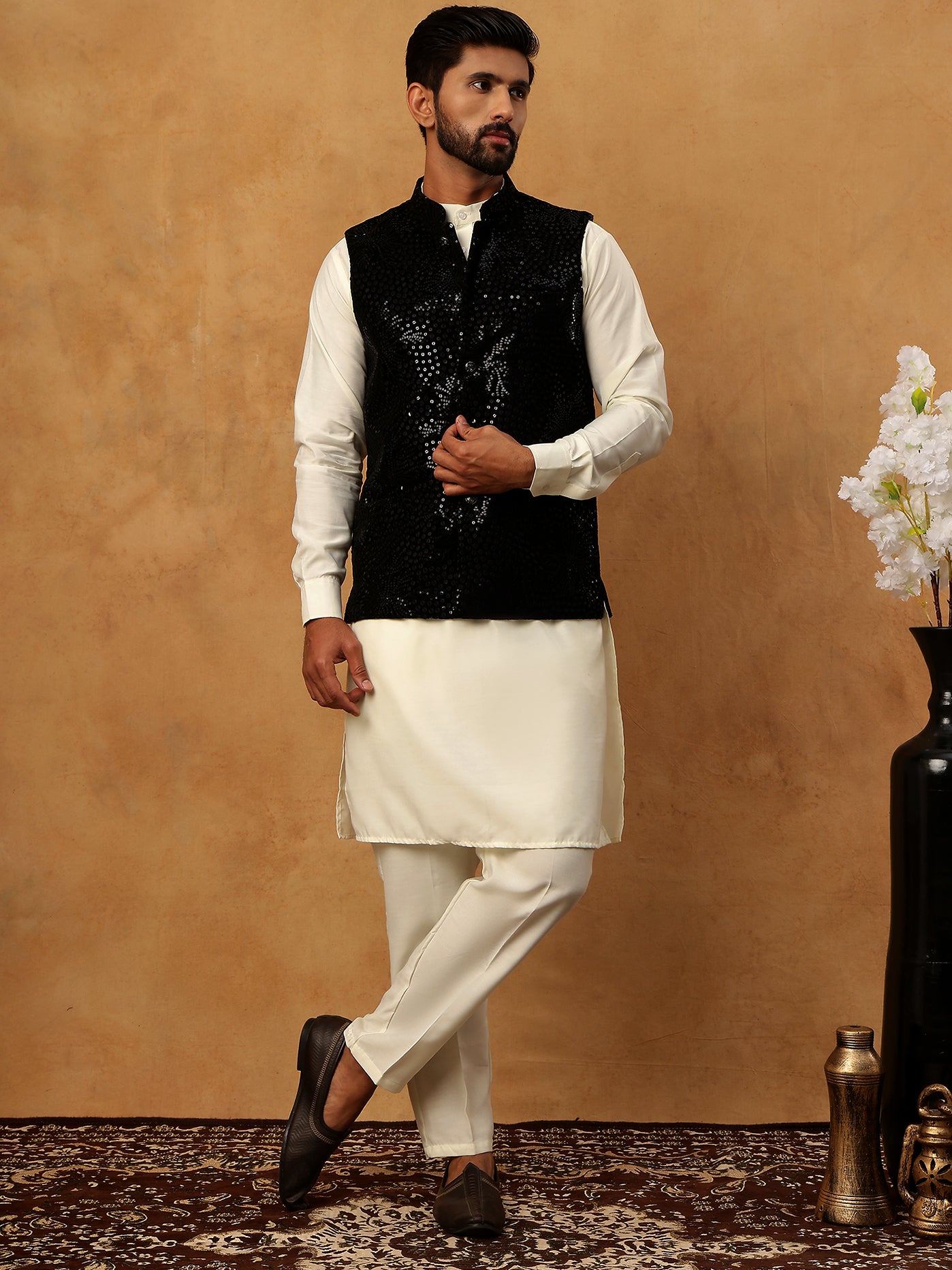 Velvet Designer Nehru Jacket with Kurta Pyjama ( HOPKPWC_592W_7027Black )