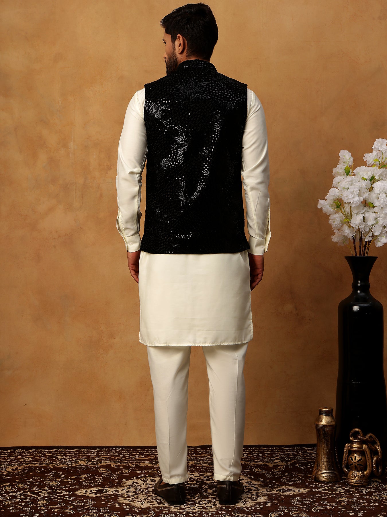 Velvet Designer Nehru Jacket with Kurta Pyjama ( HOPKPWC_592W_7027Black )