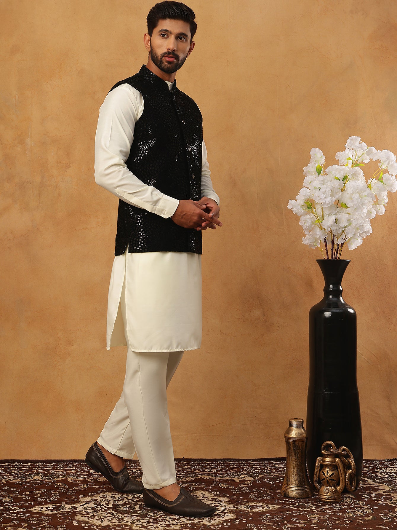 Velvet Designer Nehru Jacket with Kurta Pyjama ( HOPKPWC_592W_7027Black )