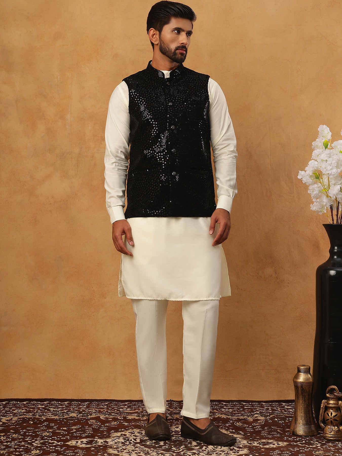 Velvet Designer Nehru Jacket with Kurta Pyjama ( HOPKPWC_592W_7027Black )