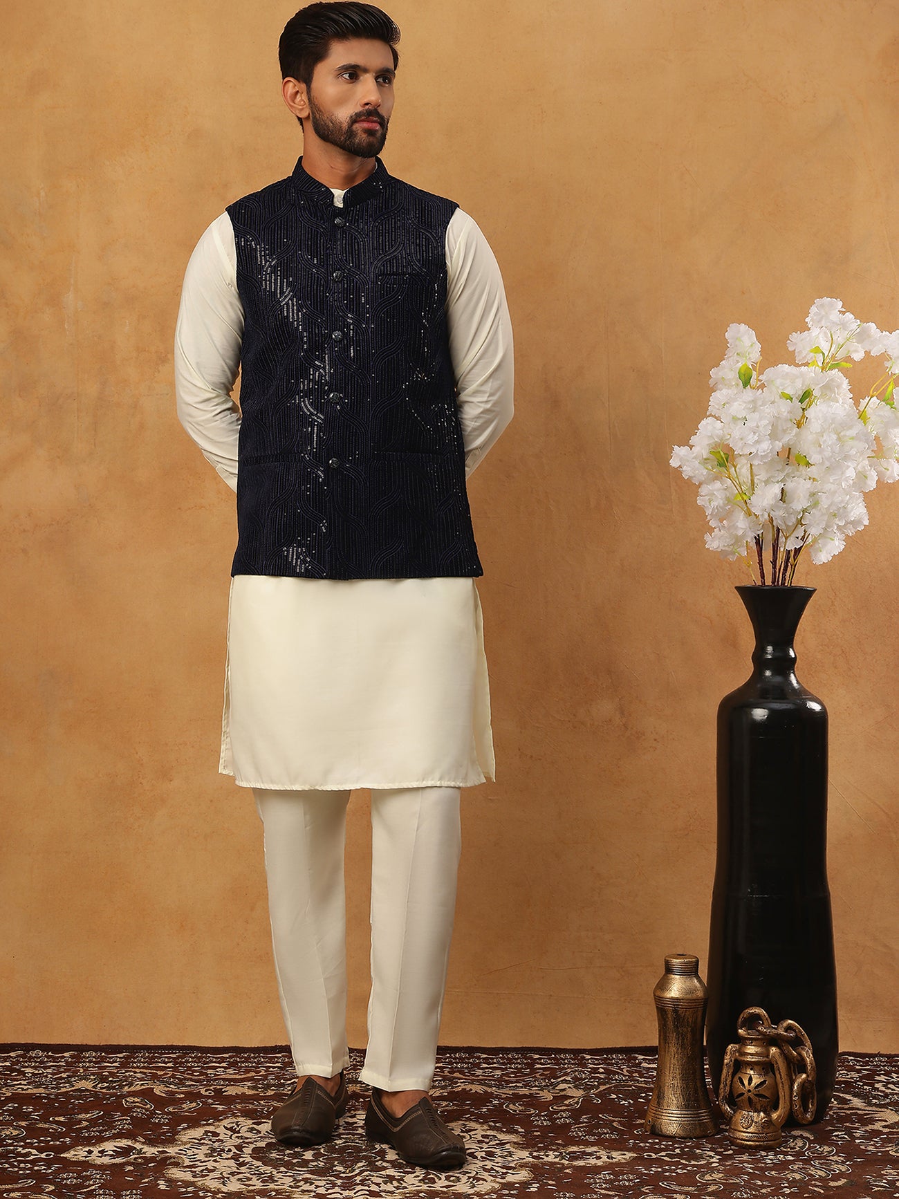Velvet Designer Nehru Jacket with Kurta Pyjama ( HOPKPWC_592W_7028Navy )