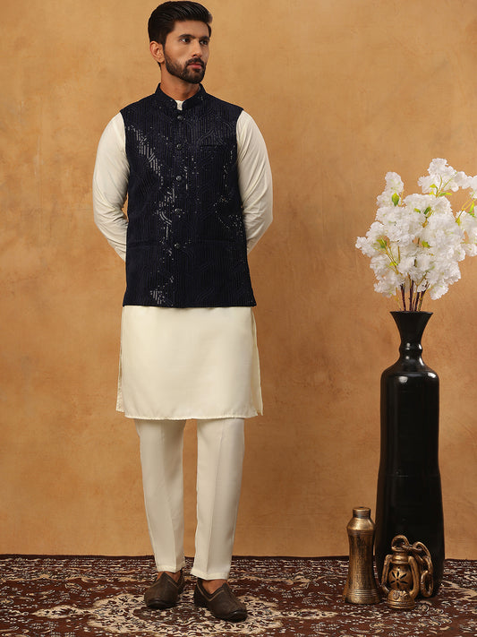 Velvet Designer Nehru Jacket with Kurta Pyjama ( HOPKPWC_592W_7028Navy )