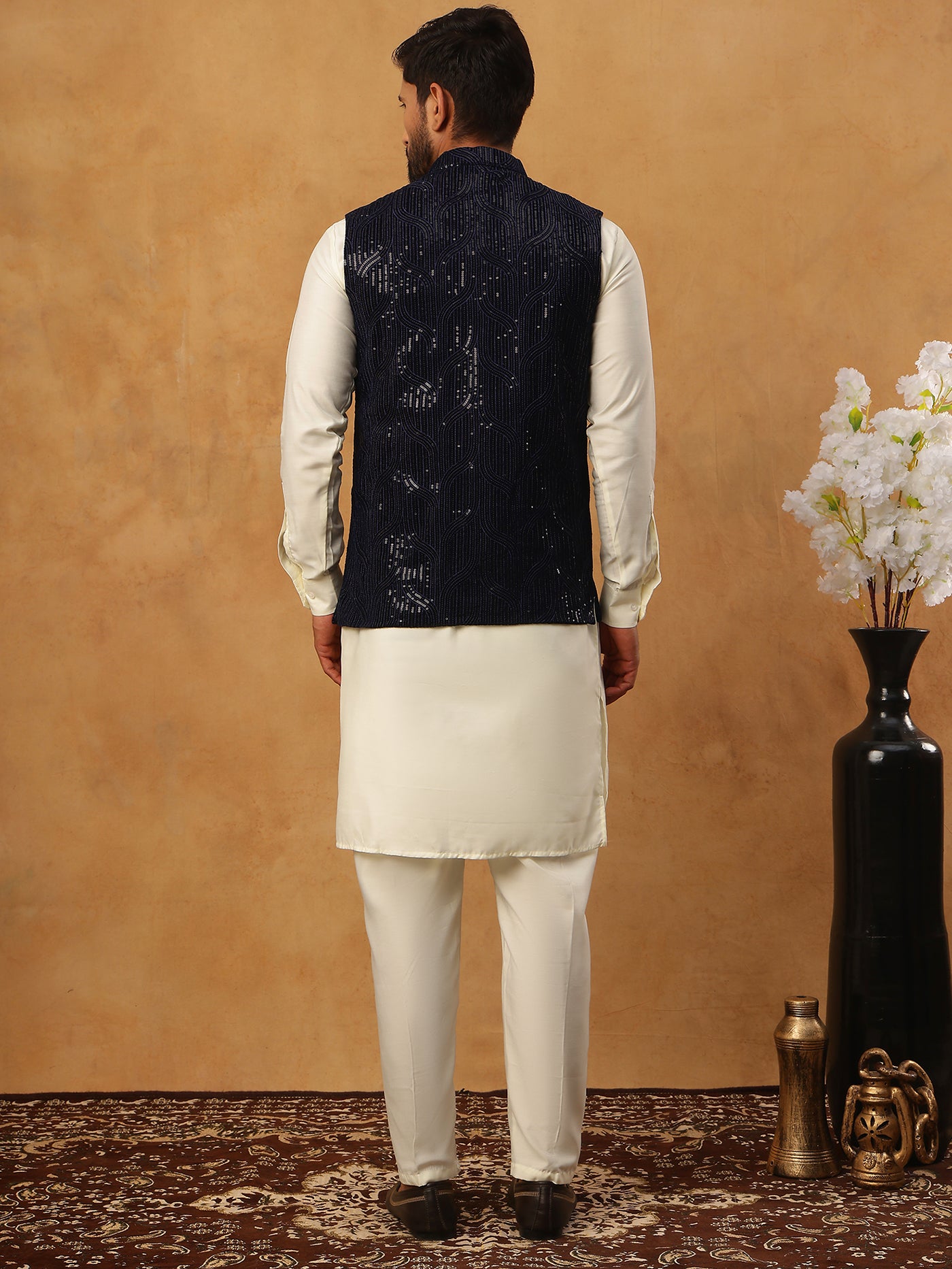 Velvet Designer Nehru Jacket with Kurta Pyjama ( HOPKPWC_592W_7028Navy )