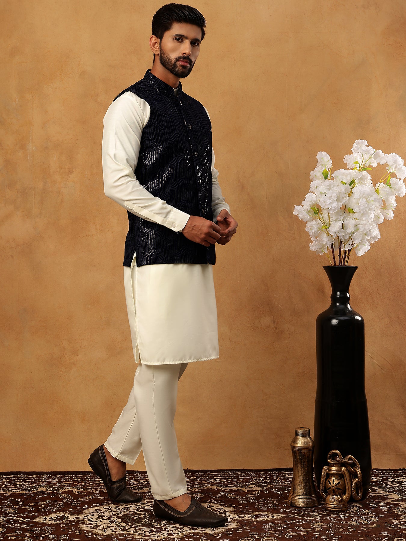 Velvet Designer Nehru Jacket with Kurta Pyjama ( HOPKPWC_592W_7028Navy )