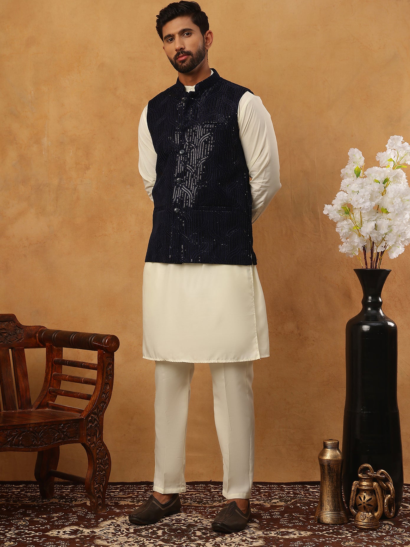 Velvet Designer Nehru Jacket with Kurta Pyjama ( HOPKPWC_592W_7028Navy )