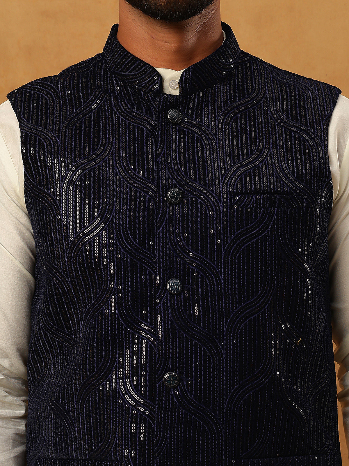 Velvet Designer Nehru Jacket with Kurta Pyjama ( HOPKPWC_592W_7028Navy )