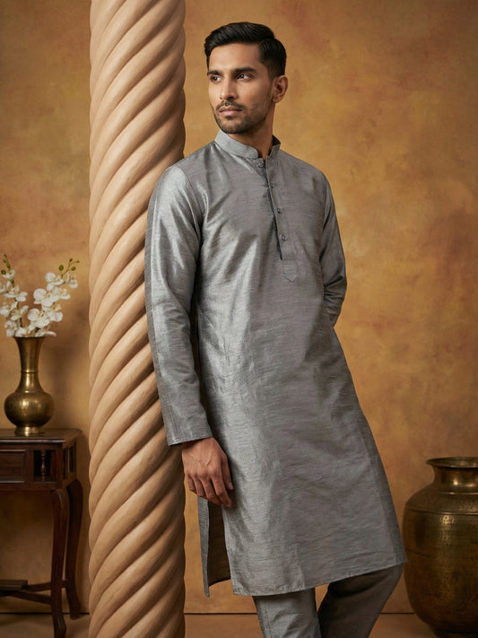 Premium Silver Silk Kurta Pyjama ( HOPKP 030Silver )