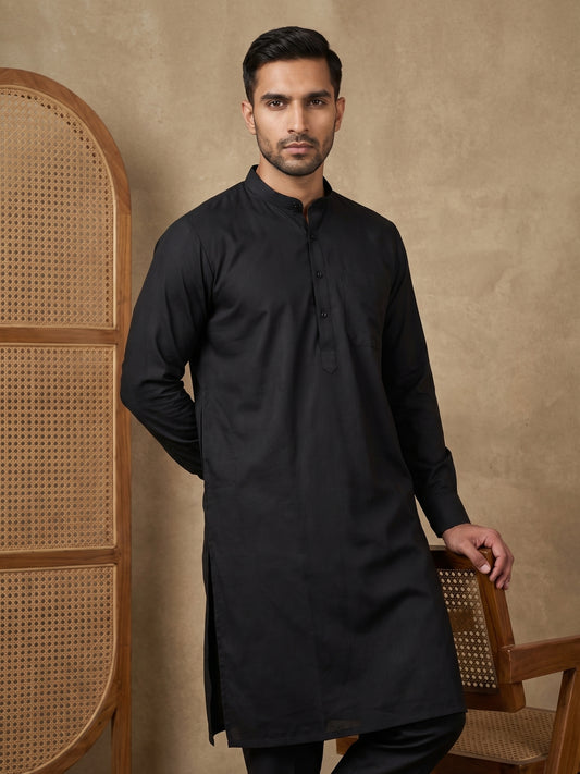 Men’s Solid Pure Cotton Kurta Pyjama Set ( HOPKP 501Black )