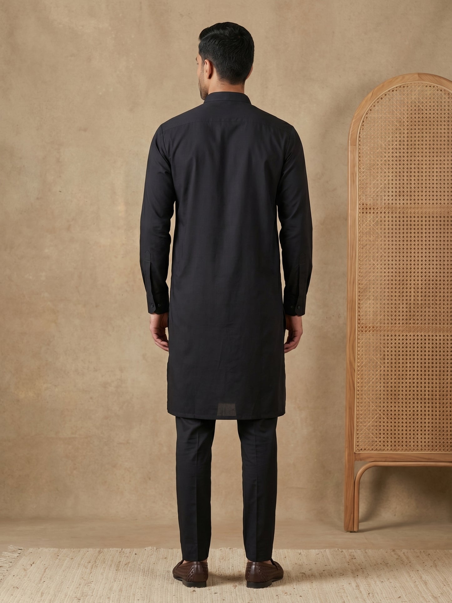 Men’s Solid Pure Cotton Kurta Pyjama Set ( ANMKP 501Black )