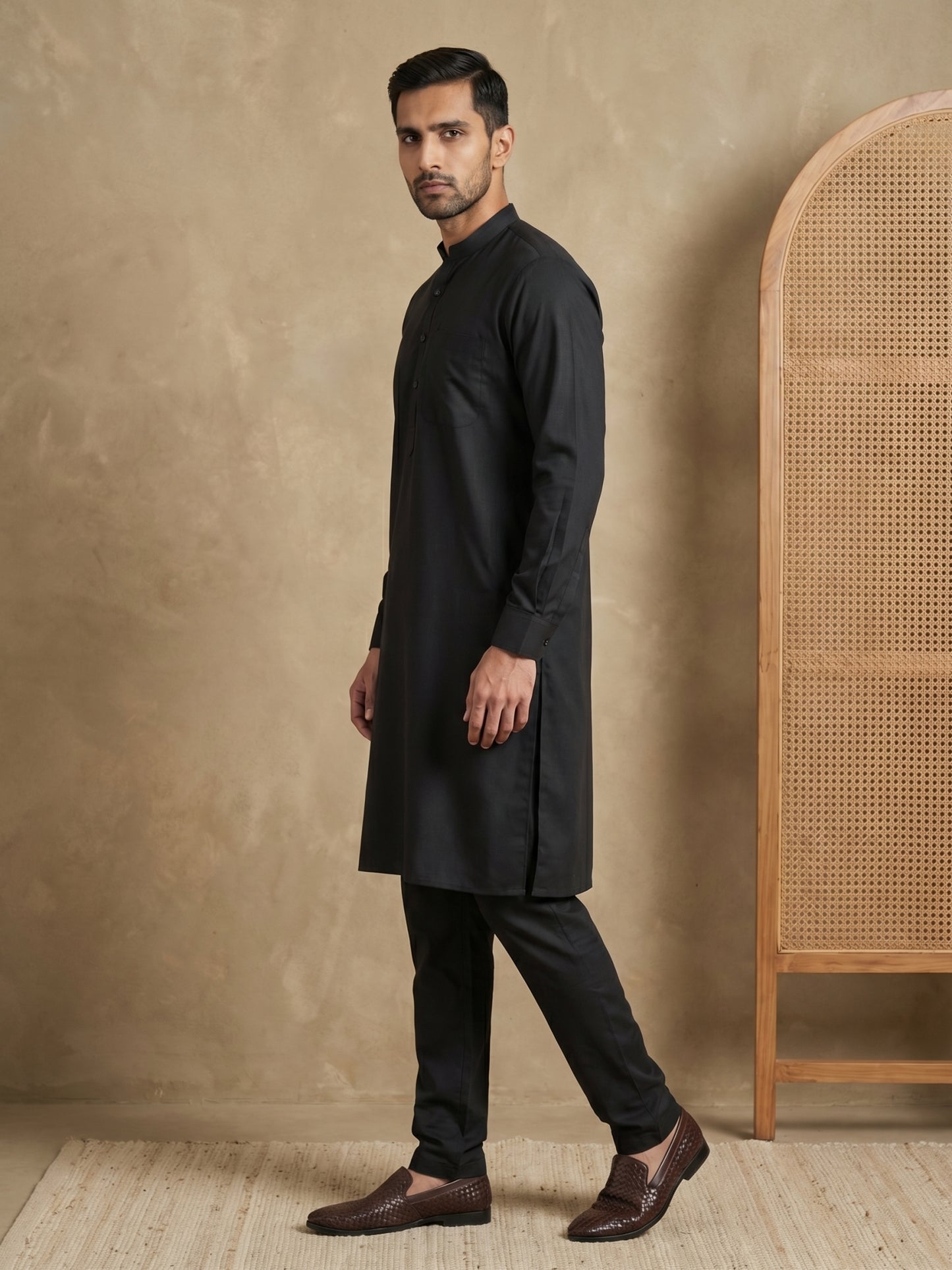 Men’s Solid Pure Cotton Kurta Pyjama Set ( ANMKP 501Black )
