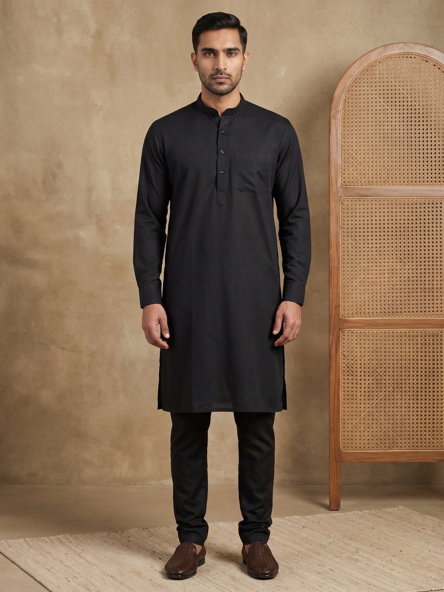 Men’s Solid Pure Cotton Kurta Pyjama Set ( ANMKP 501Black )