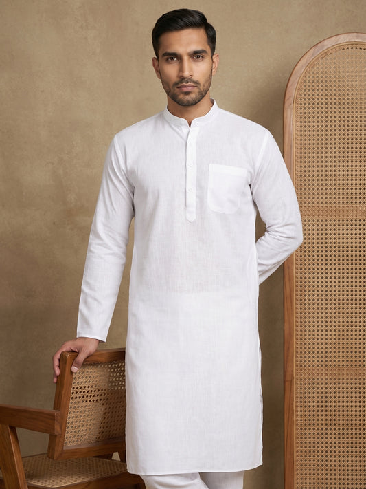 Men’s Solid Pure Cotton Kurta Pyjama Set ( ANMKP 501White )