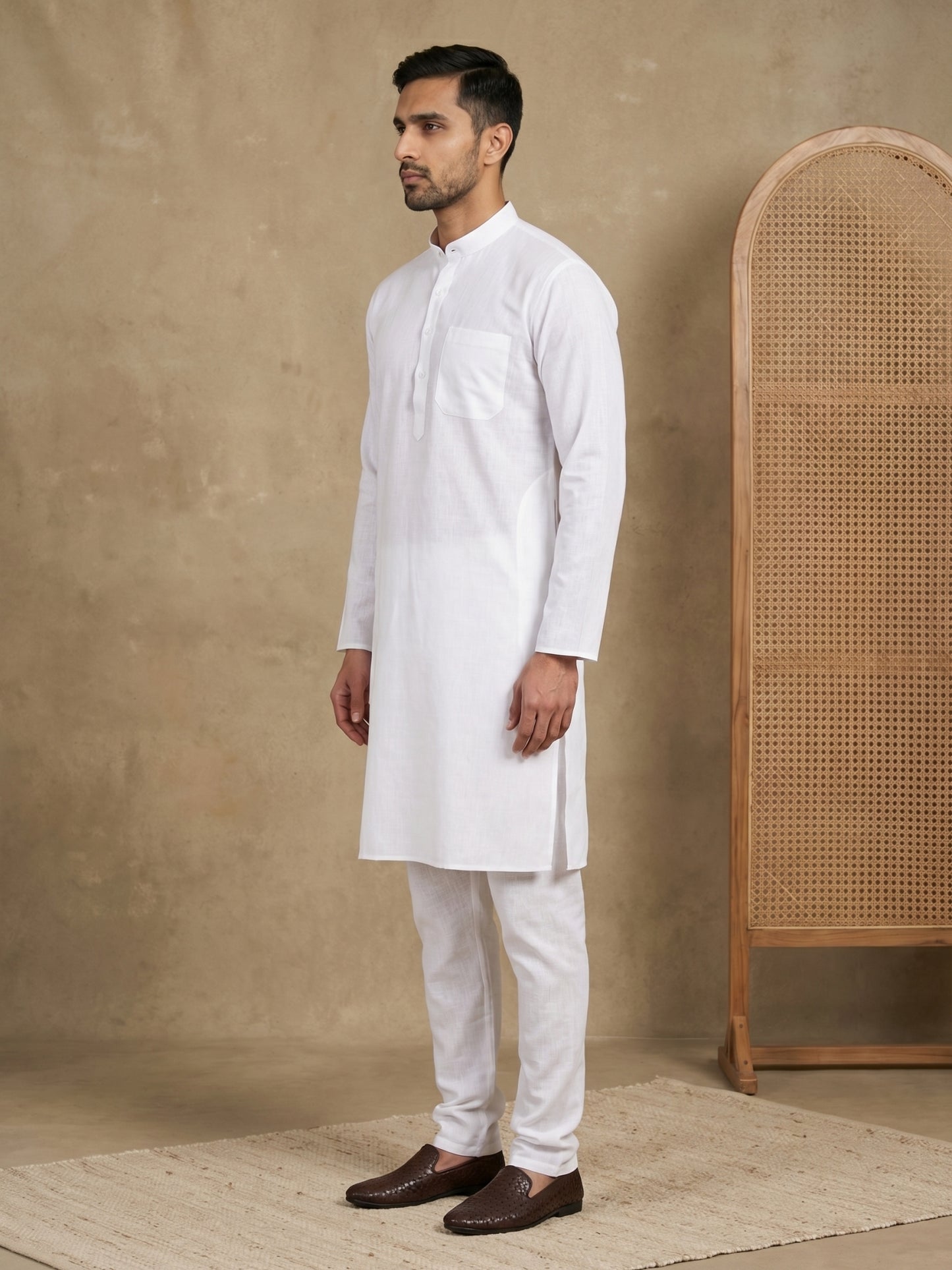 Men’s Solid Pure Cotton Kurta Pyjama Set ( ANMKP 501White )