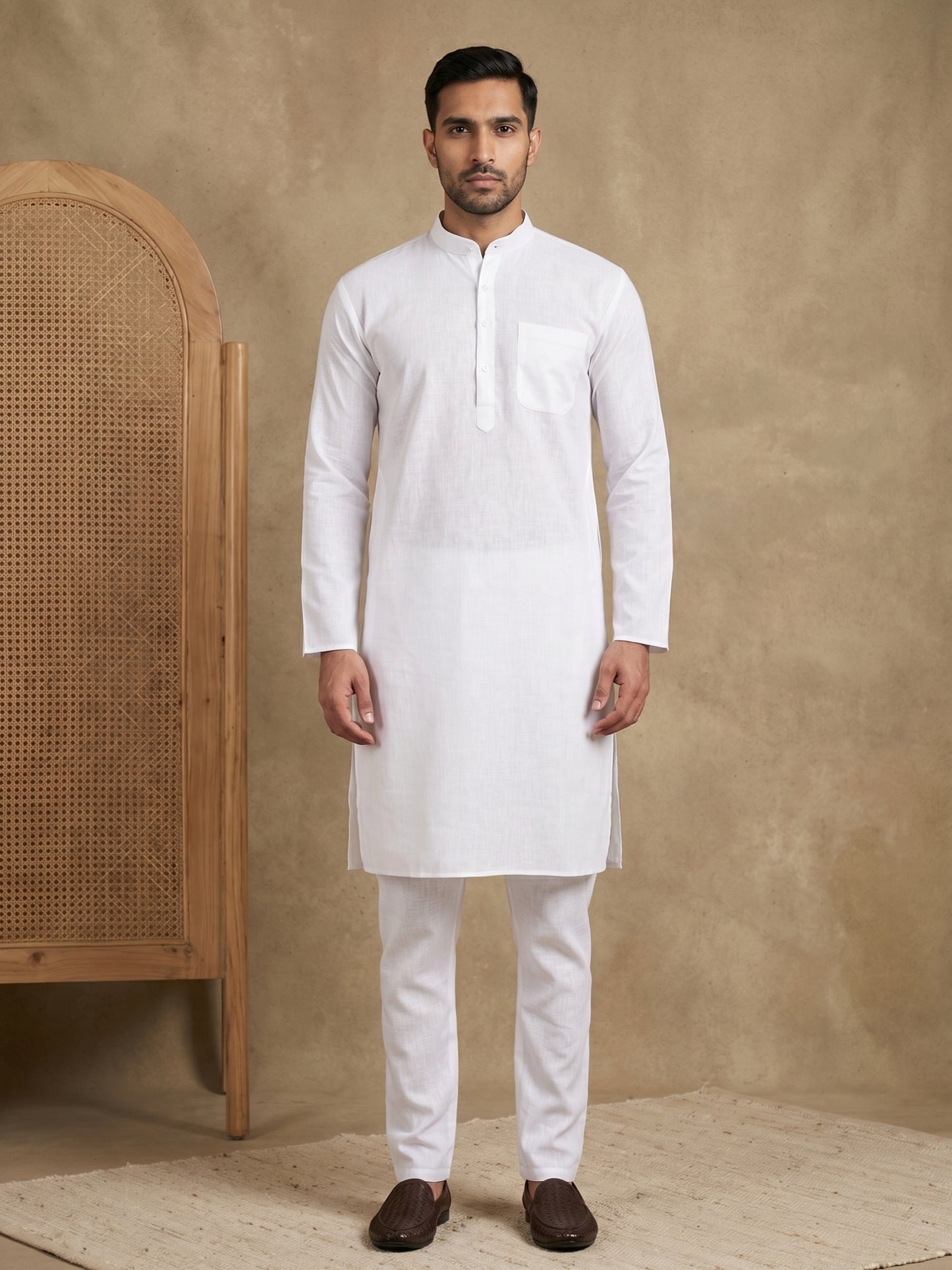 Men’s Solid Pure Cotton Kurta Pyjama Set ( ANMKP 501White )