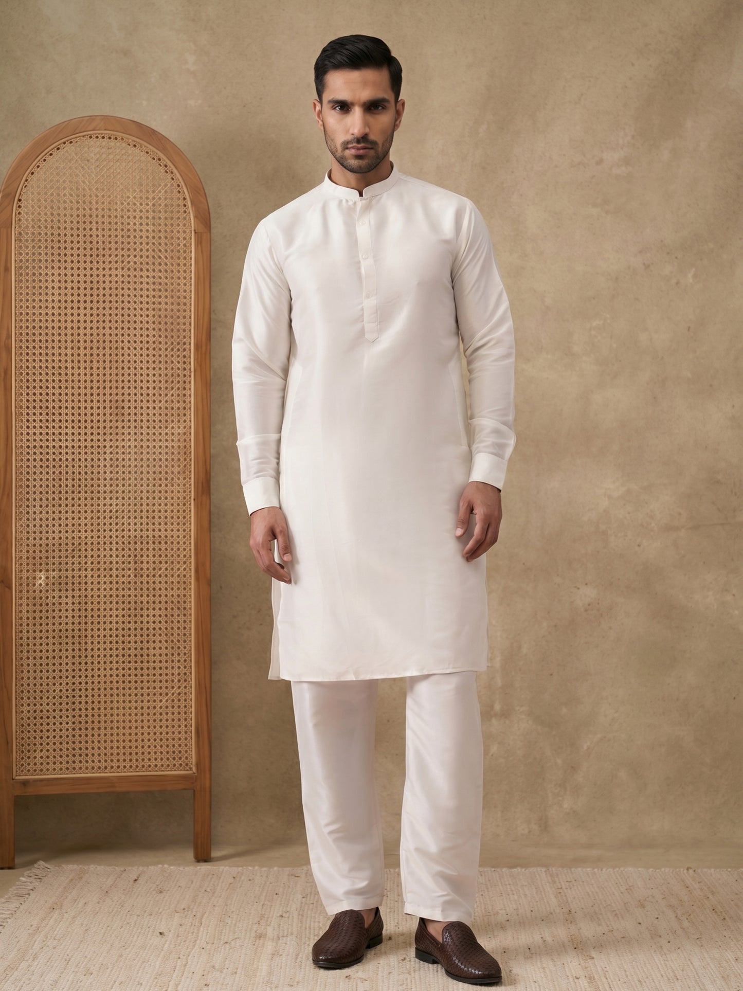 Classic Silk Blend Kurta Pyjama Set for Men ( ANMKP 592White )