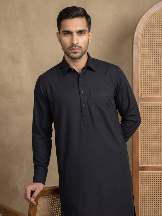 Men's Solid Pathani Kurta with Salwar ( ANMKP 696Black )