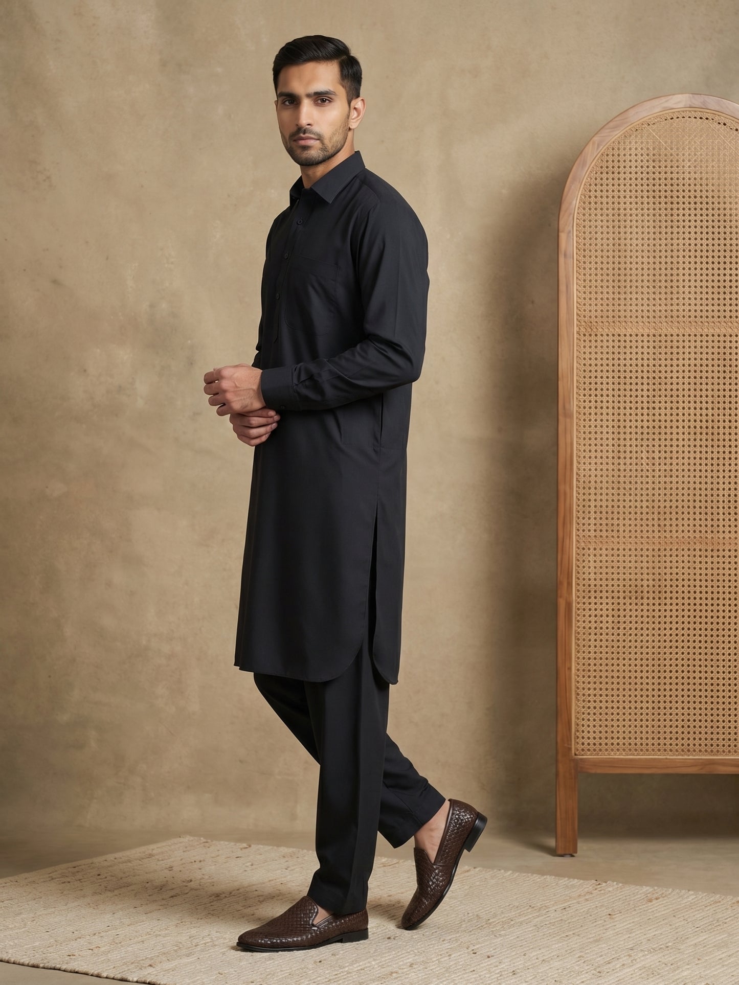 Men's Solid Pathani Kurta with Salwar ( ANMKP 696Black )