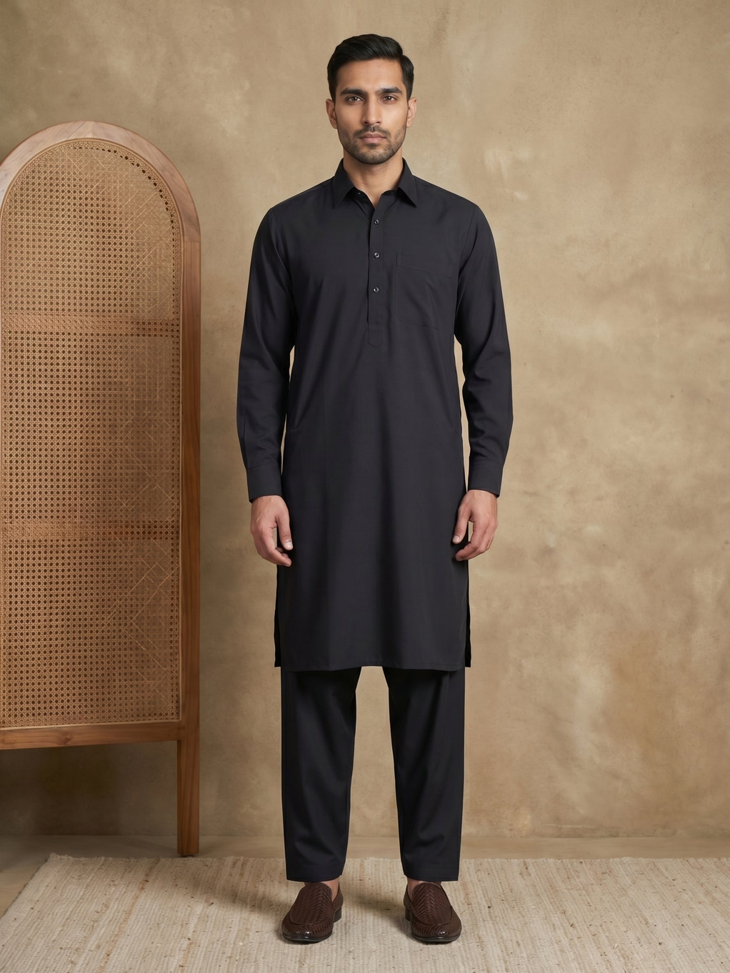 Men's Solid Pathani Kurta with Salwar ( ANMKP 696Black )