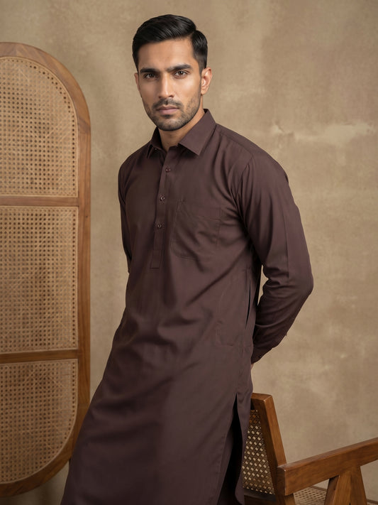 Men's Solid Pathani Kurta with Salwar ( HOPKP 696Coffee )