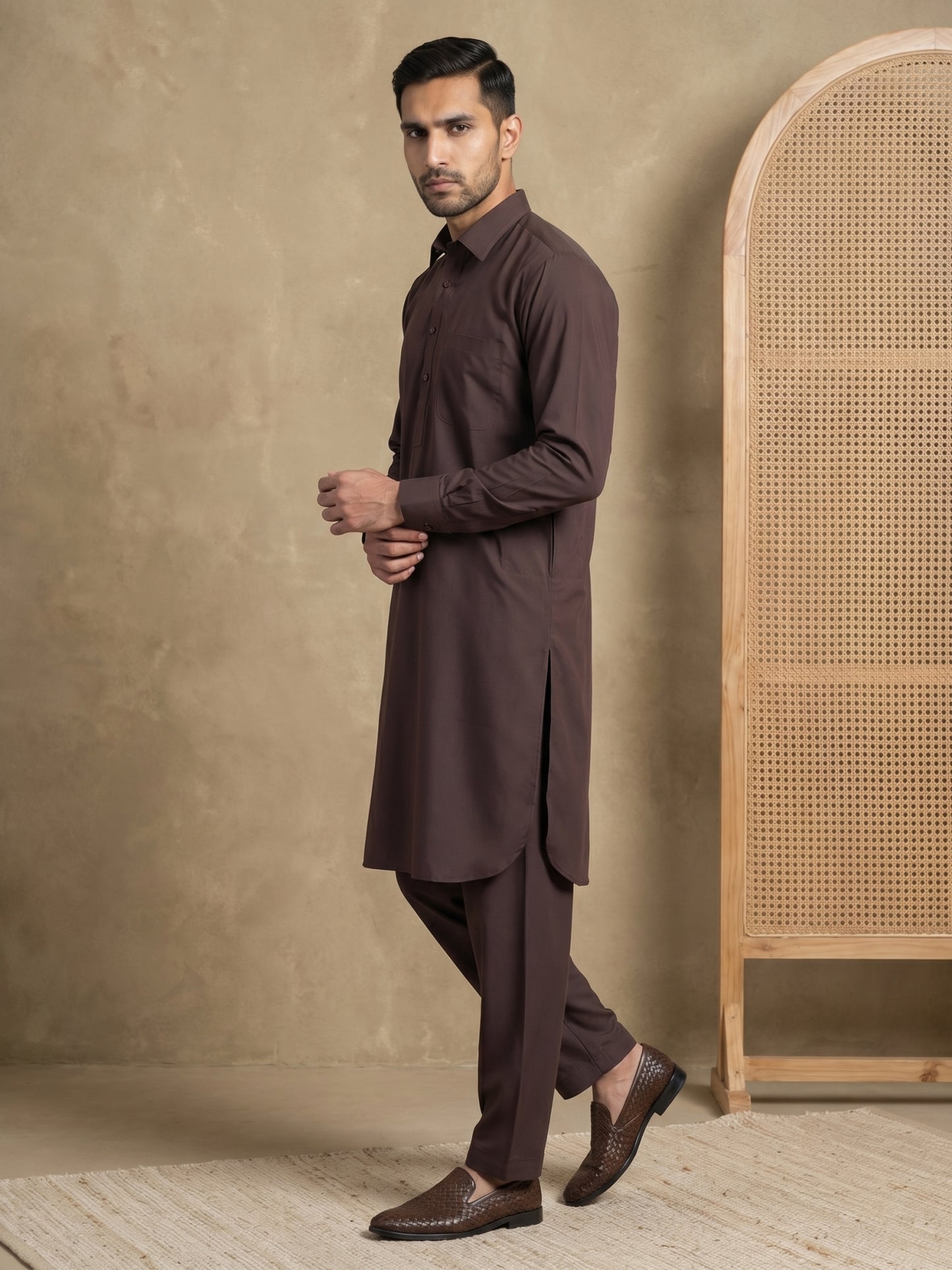 Men's Solid Pathani Kurta with Salwar ( ANMKP 696Coffee )