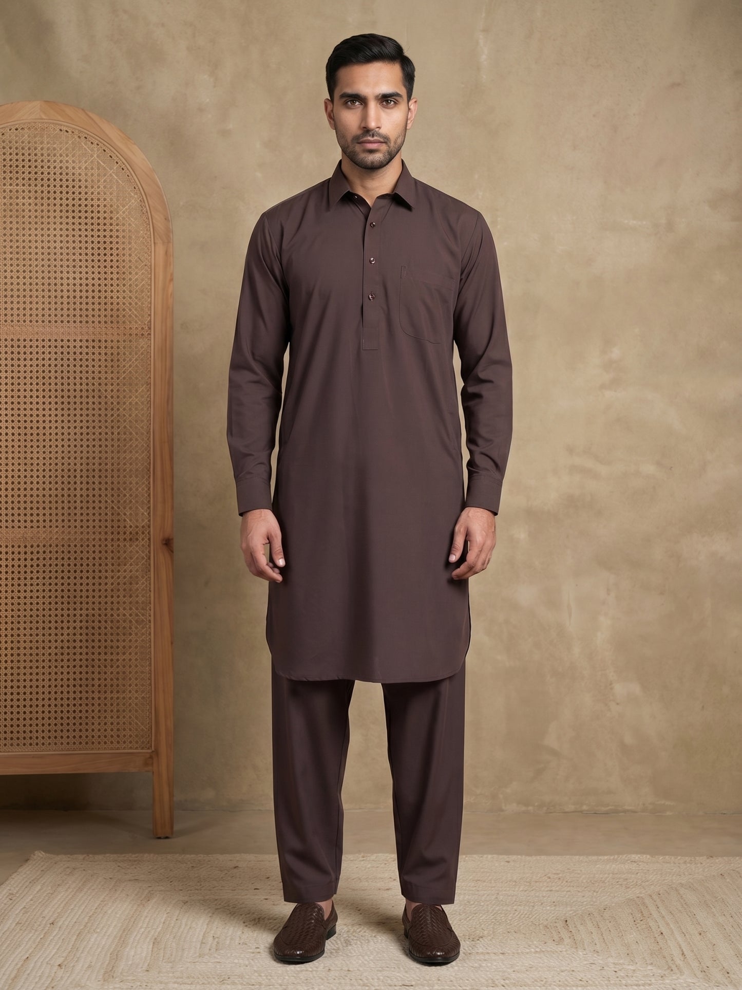 Men's Solid Pathani Kurta with Salwar ( ANMKP 696Coffee )