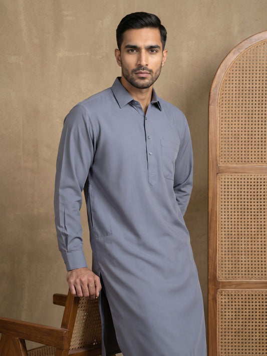 Men's Solid Pathani Kurta with Salwar ( HOPKP 696Grey )