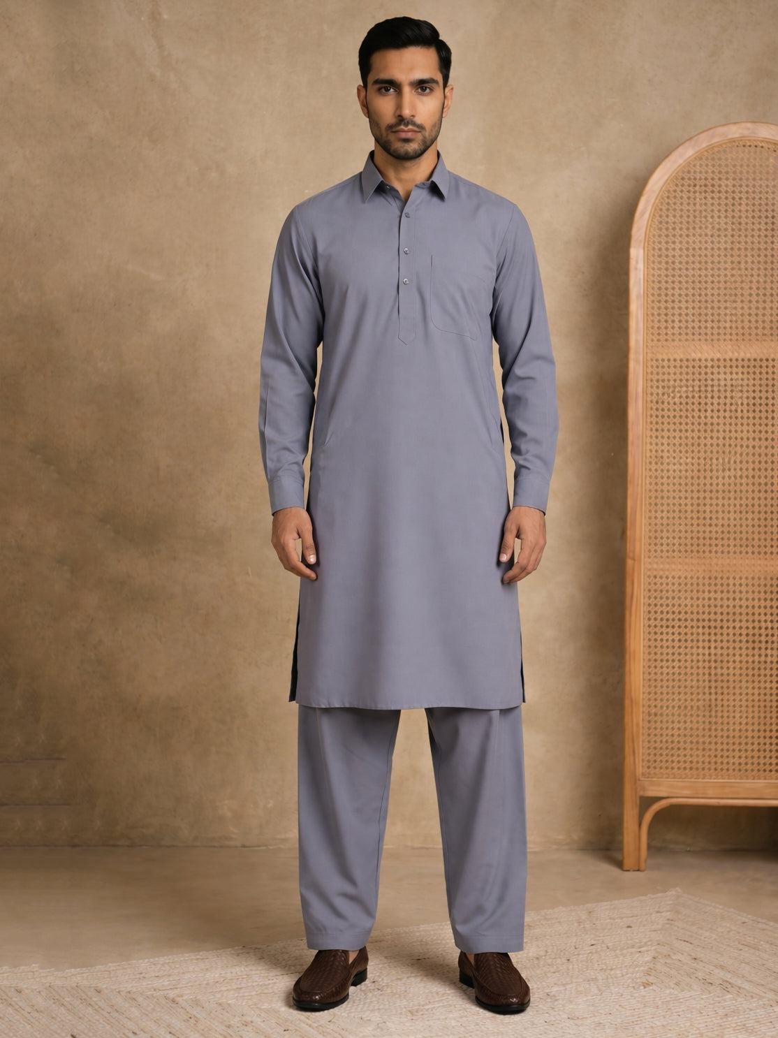 Men's Solid Pathani Kurta with Salwar ( HOPKP 696Grey )