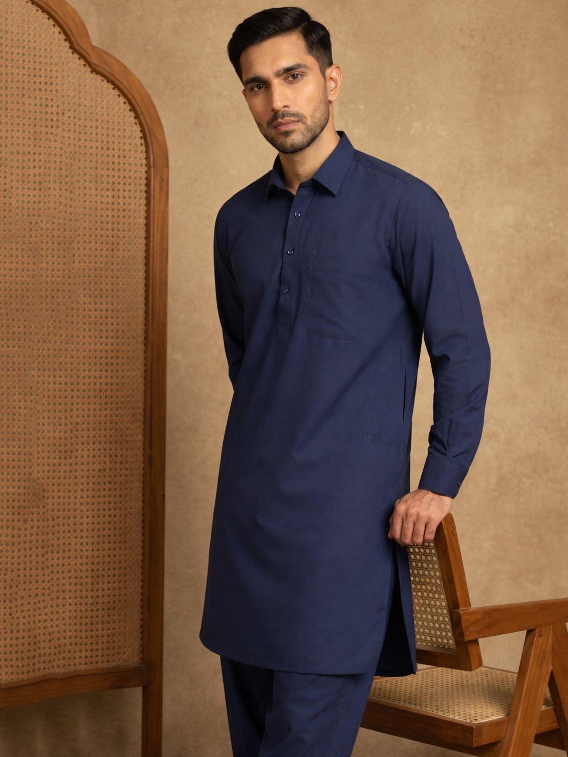 Men's Solid Pathani Kurta with Salwar ( ANMKP 696Navy )