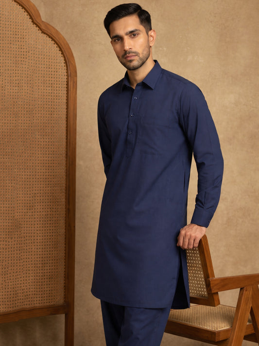 Men's Solid Pathani Kurta with Salwar ( ANMKP 696Navy )