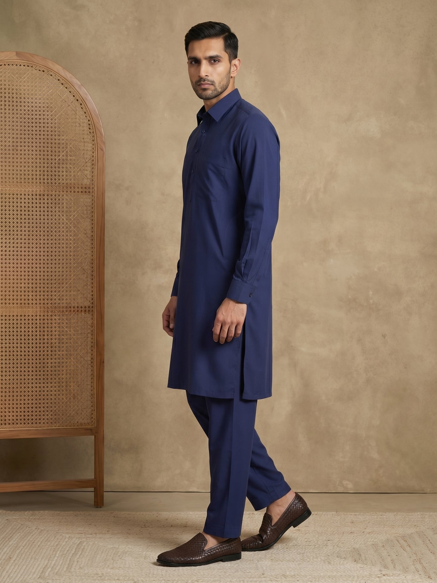 Men's Solid Pathani Kurta with Salwar ( ANMKP 696Navy )