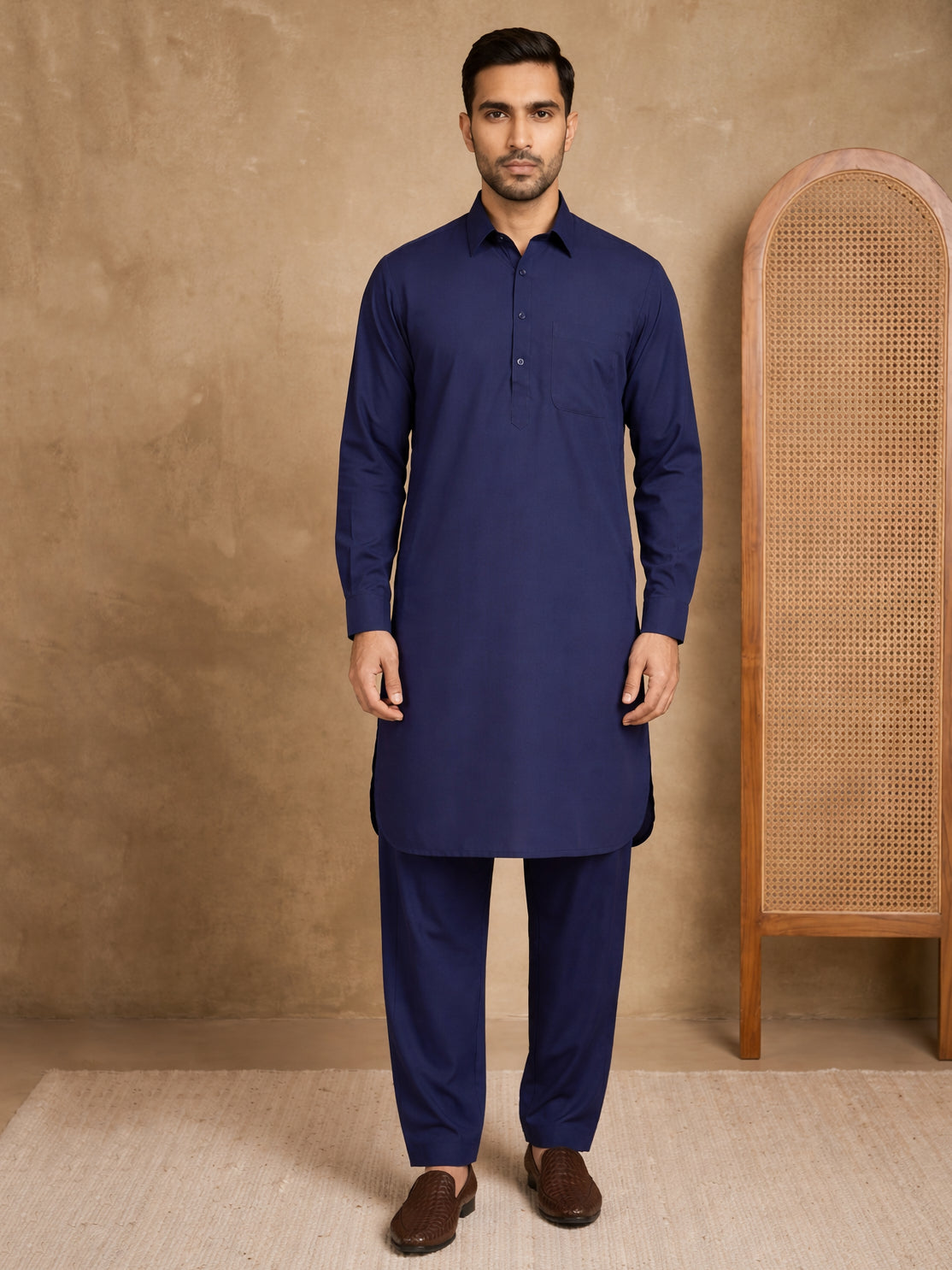 Men's Solid Pathani Kurta with Salwar ( ANMKP 696Navy )