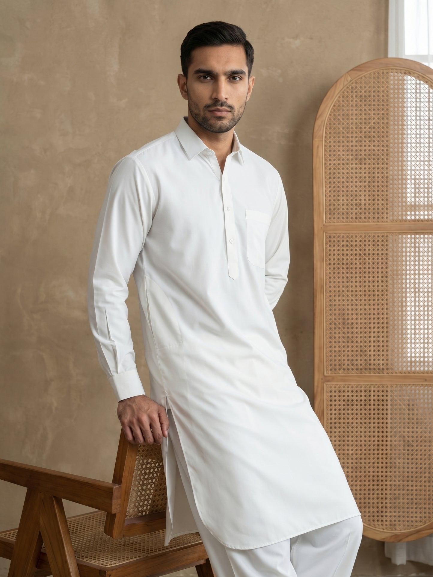 Men's Solid Pathani Kurta with Salwar ( ANMKP 696White )