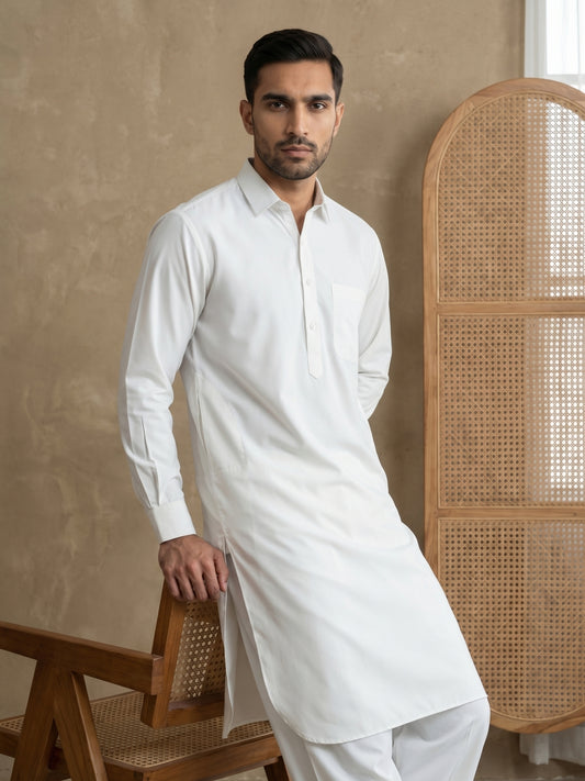Men's Solid Pathani Kurta with Salwar ( ANMKP 696White )