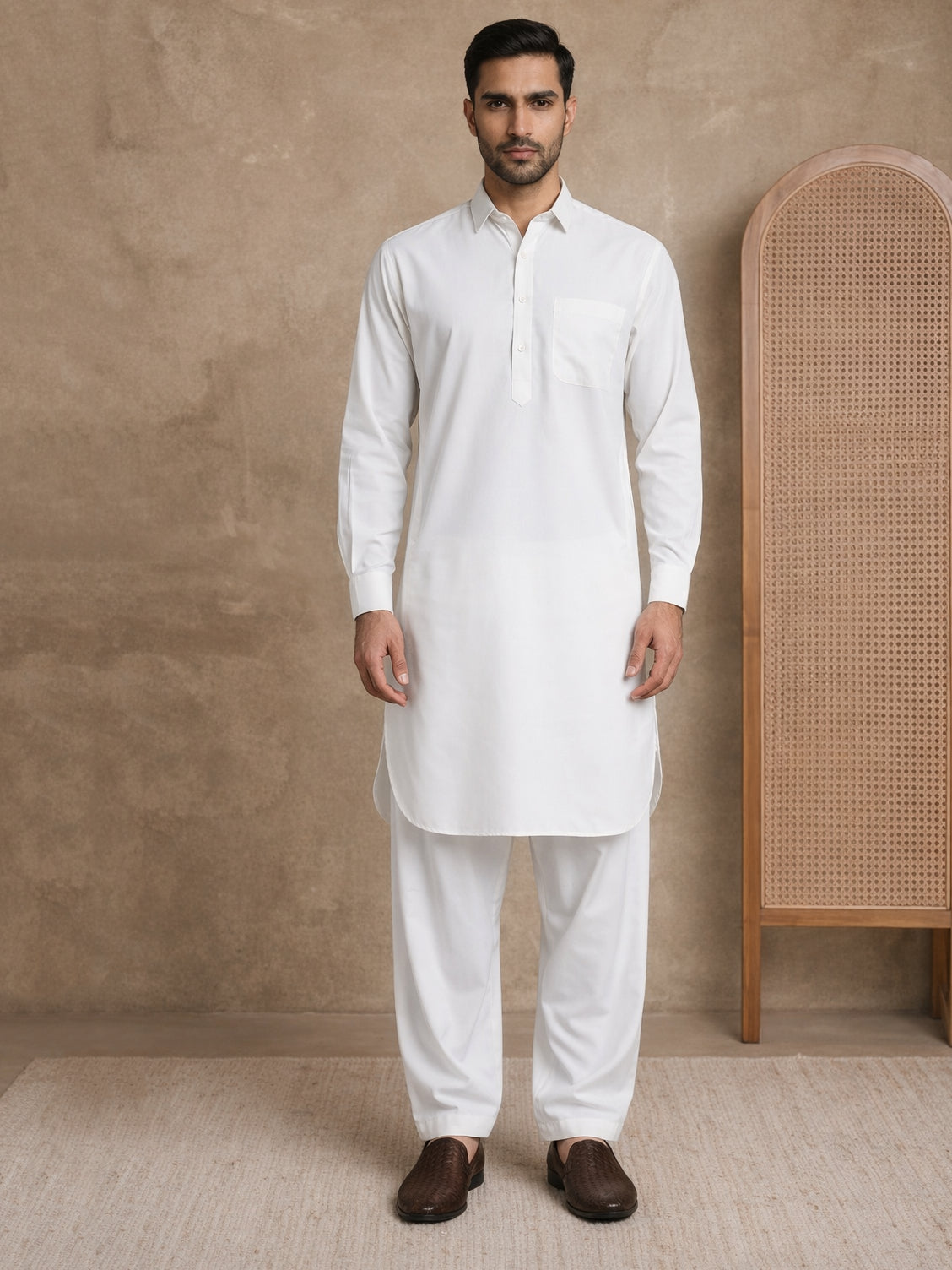 Men's Solid Pathani Kurta with Salwar ( ANMKP 696White )