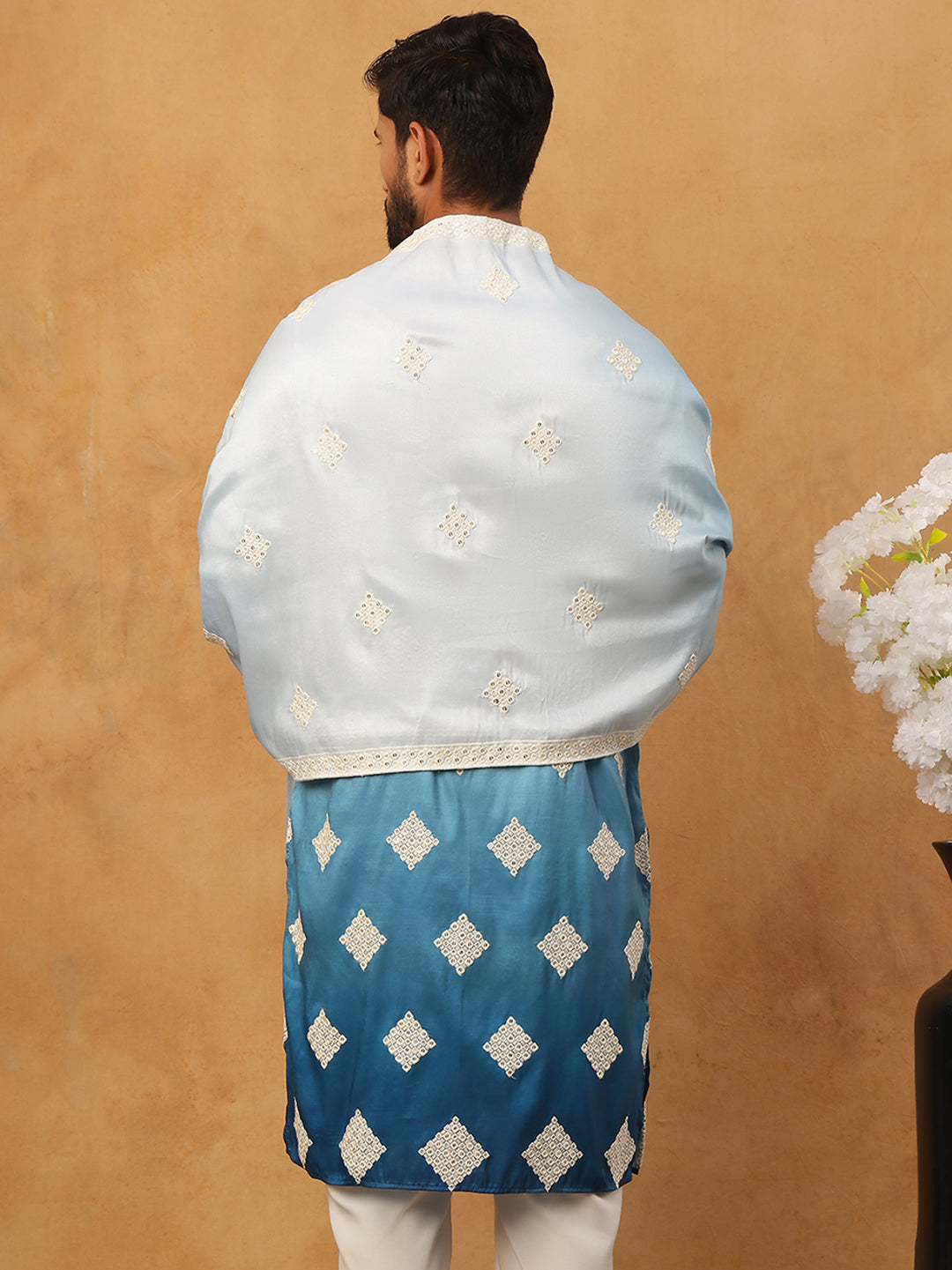 Embroidered Silk Blend Kurta with Dupatta ( HOPKO D 023Peacock )