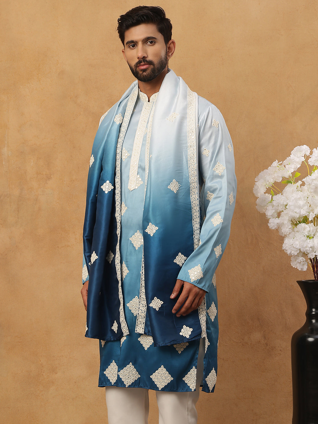 Embroidered Silk Blend Kurta with Dupatta ( HOPKO D 023Peacock )
