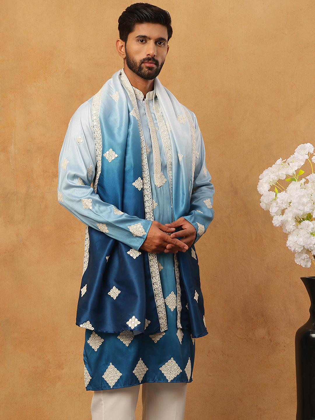 Embroidered Silk Blend Kurta with Dupatta ( HOPKO D 023Peacock )