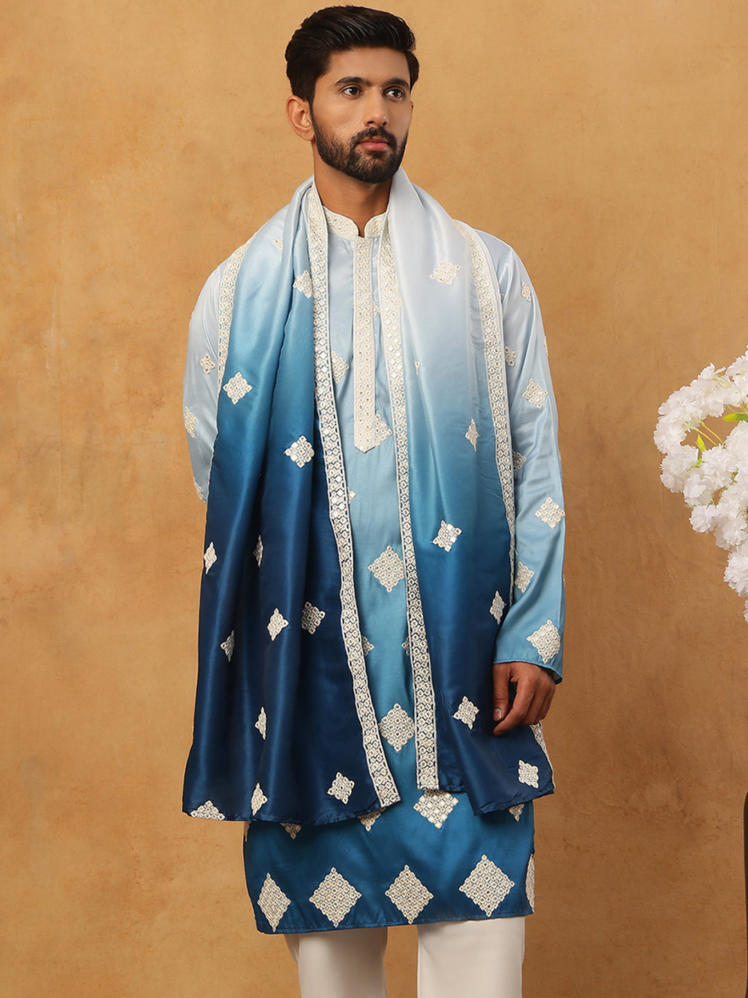Embroidered Silk Blend Kurta with Dupatta ( HOPKO D 023Peacock )